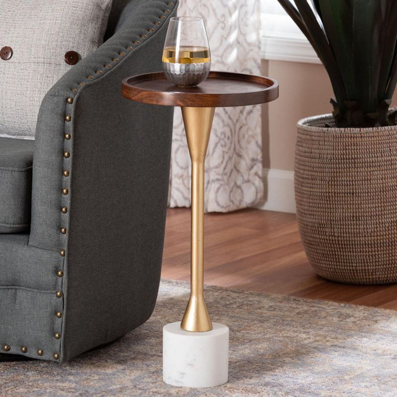 Table d'appoint Baxton Studio Janaki avec base en marbre - Table d'appoint à piédestal compacte avec plateau pour salon ou canapé