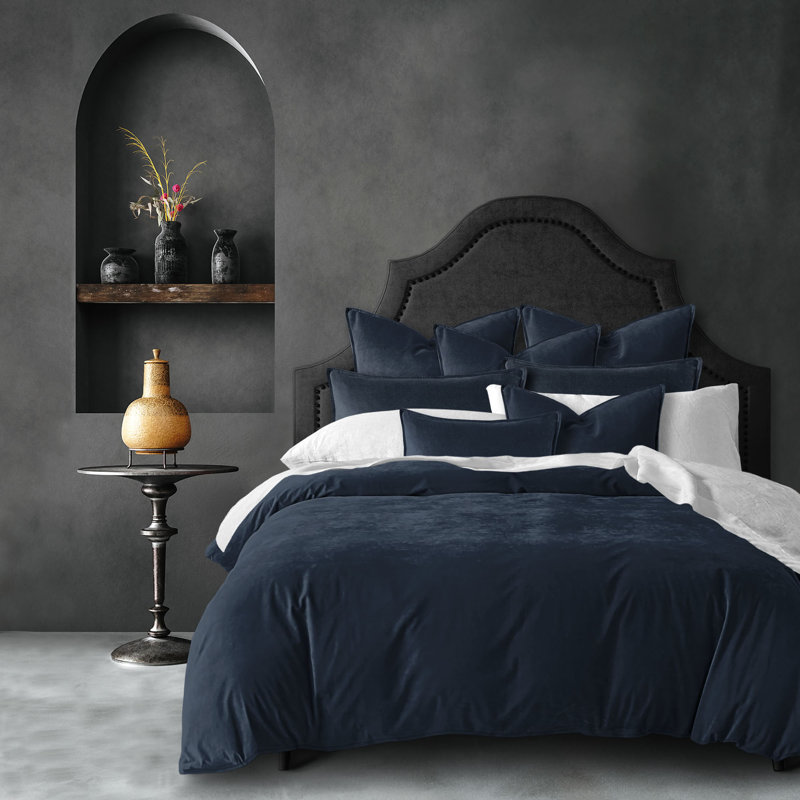 Cascade Velvet Solid Colour Duvet Cover Set 8 Piece, Twin Duvet Cover + 7 Additional Pieces, Navy