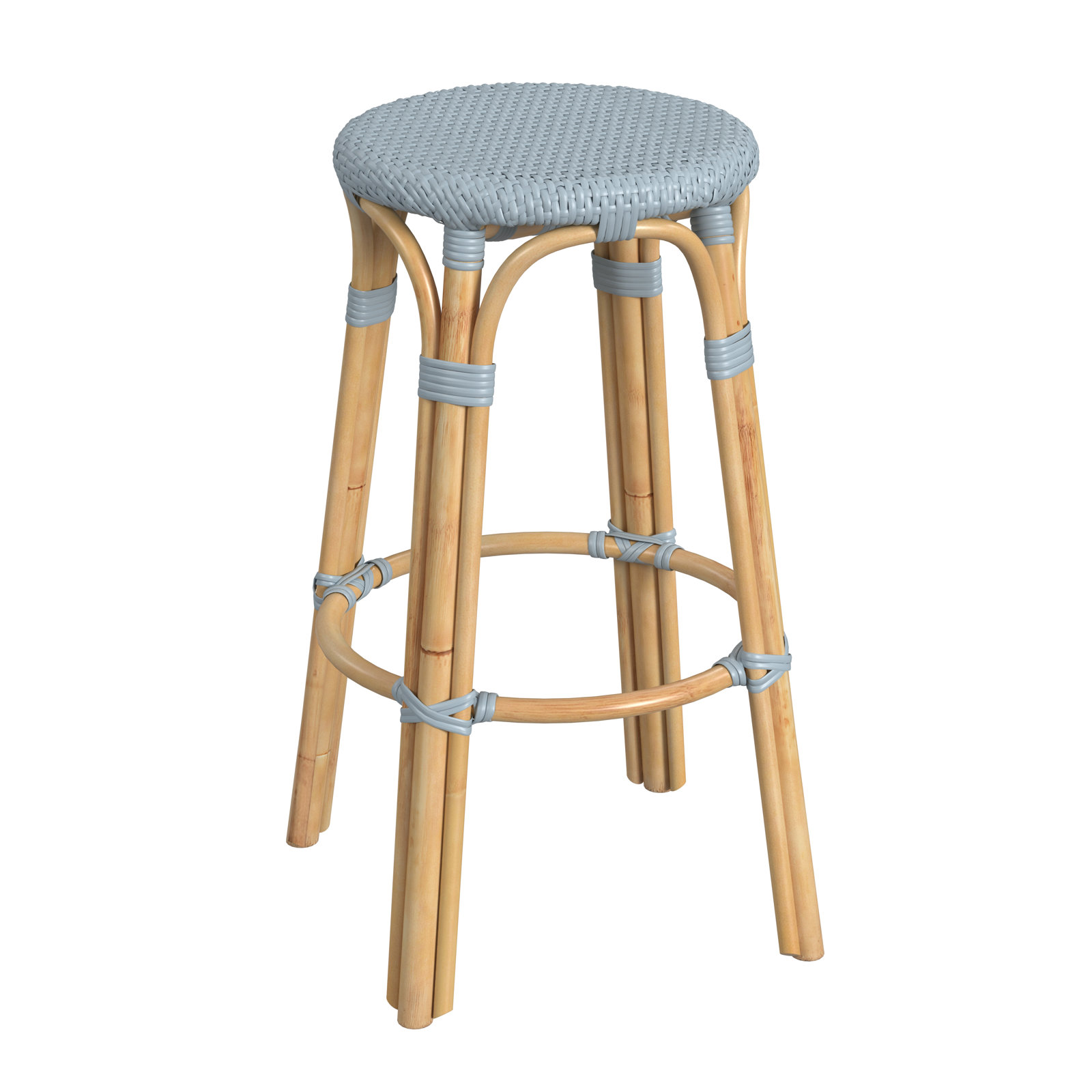 Alastair Bar & Counter Stool, Bar Stool (30" Seat Height), Baby Blue/Natural Rattan Frame