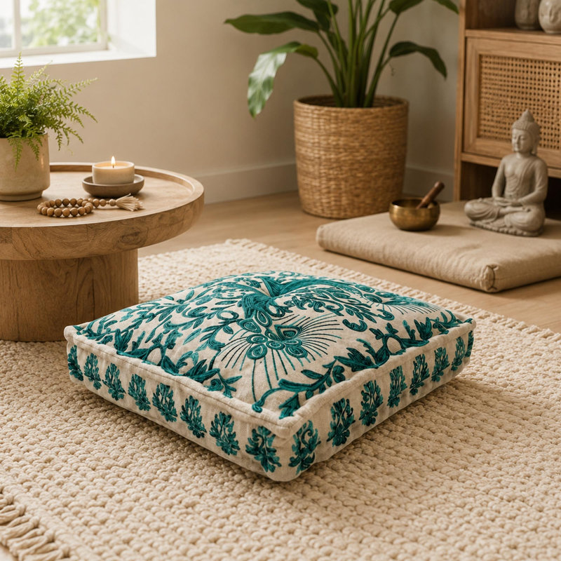 Oreiller de sol carré brodé 30 po avec housse et bourre en coton