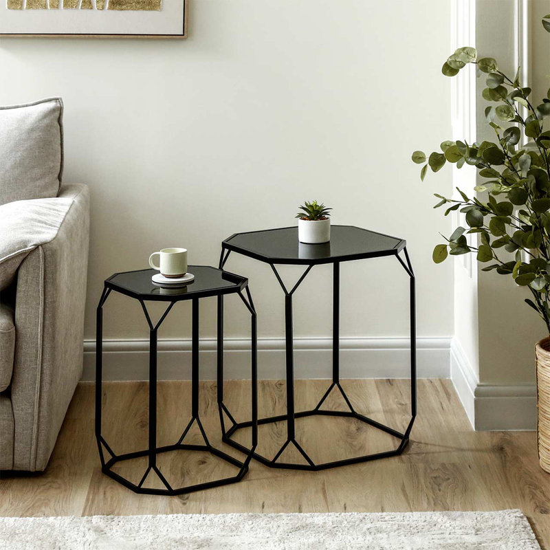 Black Metal Nesting End Table for Living Room Furniture, Mirror Top Nest of Side Tables,Accent Table