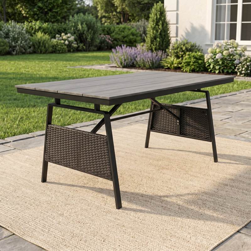 63"W Outdoor Dining Table for 4-6 People, Rectangular Patio Dining Table with Durable Aluminum Frame and Handwoven Wicker 