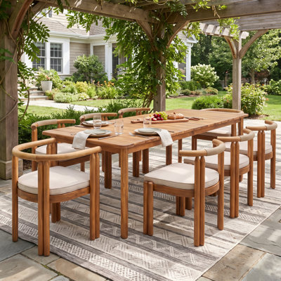 Bayshore 9-Piece  Modern Coastal Acacia Wood Outdoor Dining Set With Cushioned Armchairs