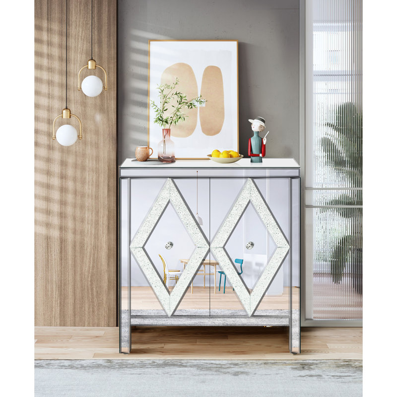 Armoire de rangement avec garniture de miroir et motif à losanges, argent pour le salon, l'entrée de la salle à manger, la cuisine - fabrication stable
