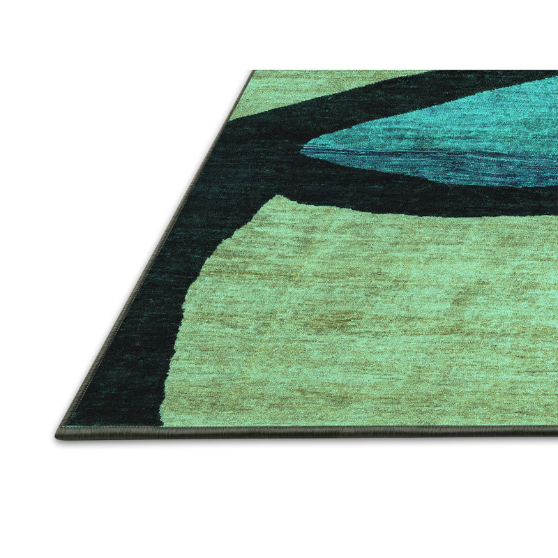 Tapis abstrait en laine / polyester tissé à la machine Anastasius - turquoise / bleu / noir, Tapis de couloir 2 pi x 5 pi