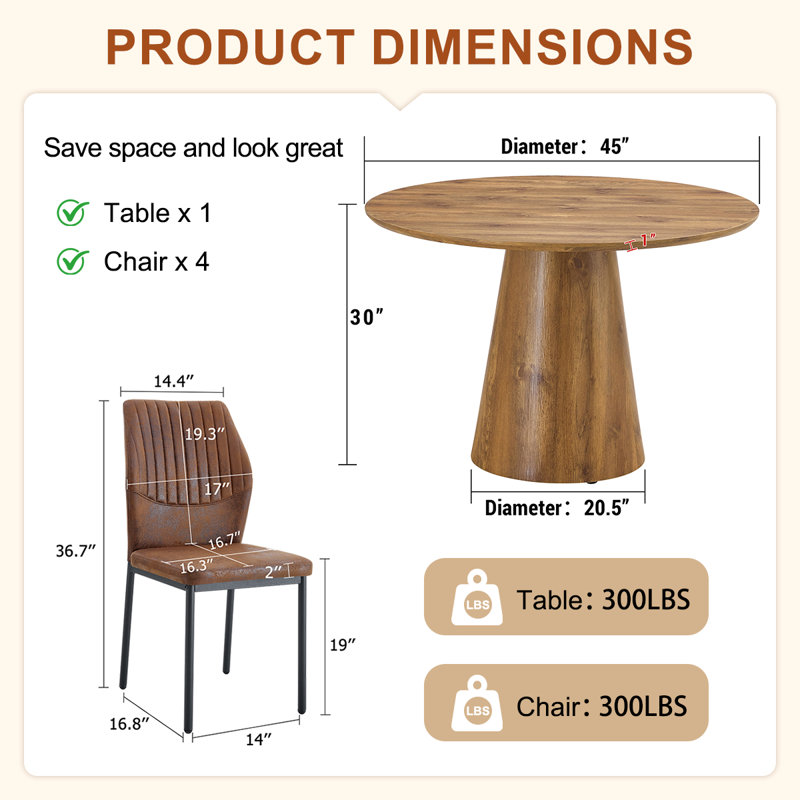 45'' Round Dining Table Set with Suede Upholstered Chairs, Modern Kitchen & Dining Room Set, 5 Pieces: Table, 4 Chairs, Wood