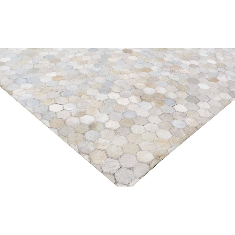 Mosaic Cowhide Geometric Area Rug in Ivory