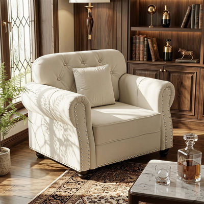 Fauteuil rembourré en velours de 41,3 pouces avec accoudoirs roulés et garniture cloutée, fauteuil Chesterfield à une place, convient au salon, à la chambre à coucher et au bureau.