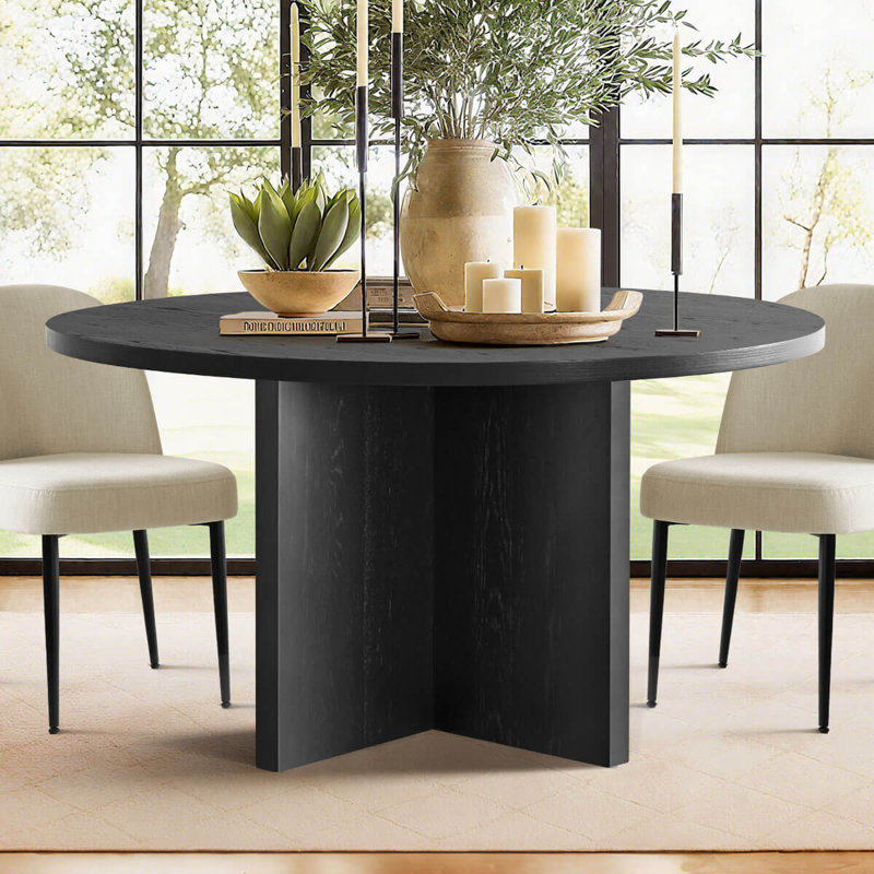 52 Inch White Oak Veneer Round Pedestal Dining Table, Black