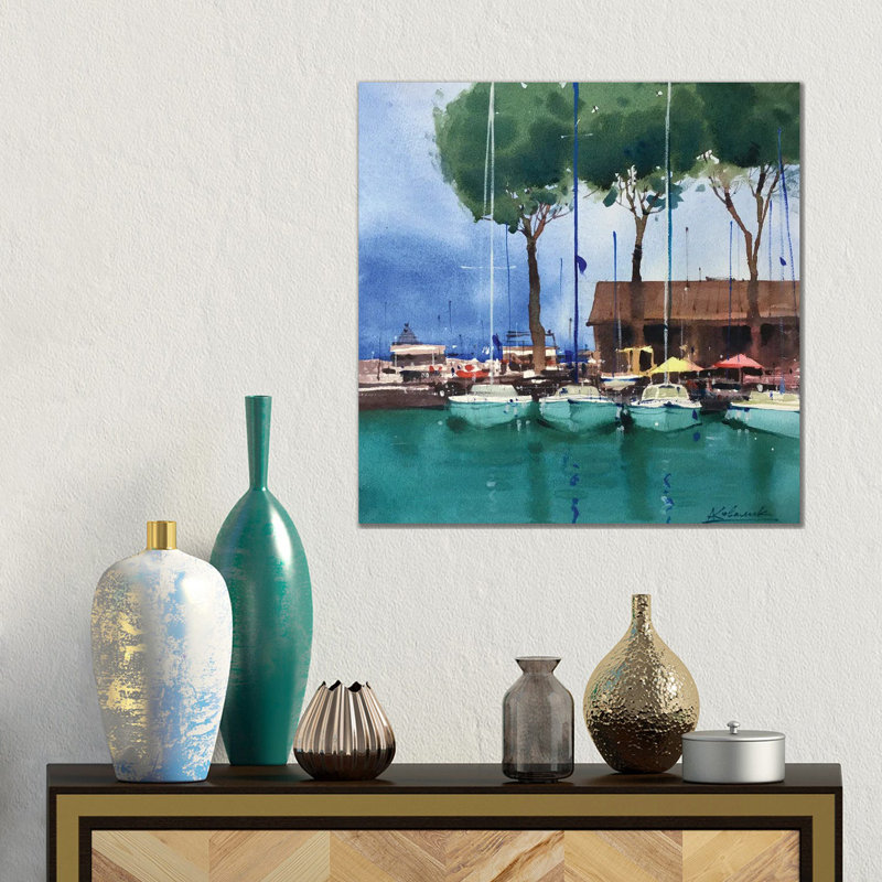 Yachts At The Pier In Italy. Garda Lake by Andrii Kovalyk - Gallery-Wrapped Canvas Giclée on Canvas, 45.72 cm H x 45.72 cm W