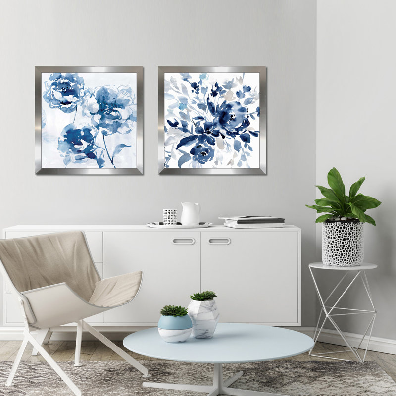 «Indigo Garden I», ensemble de 2 reproductions d'aquarelles, H 37,5 po x l 75 po x P 1 po, Encadrement argenté
