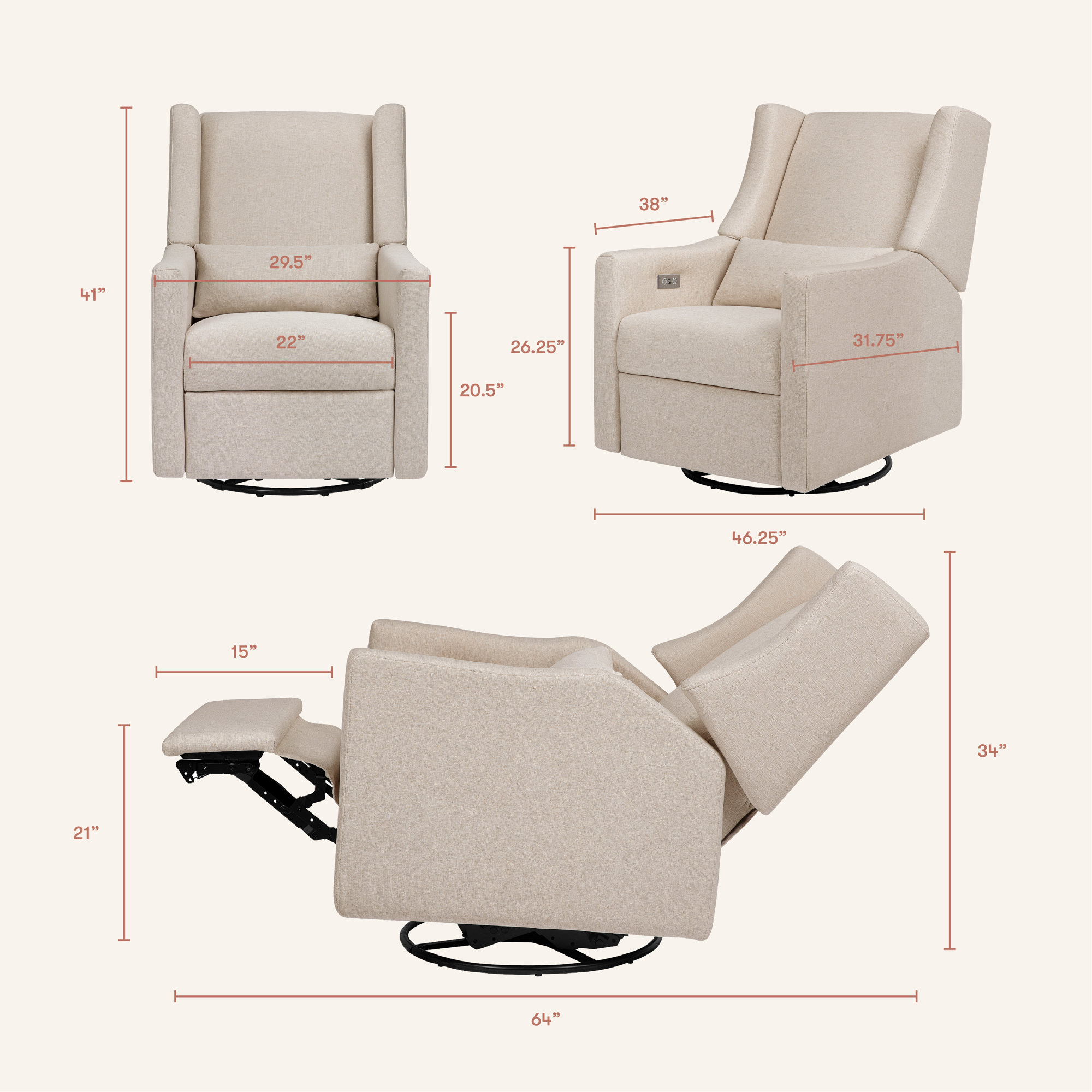 Kiwi Electronic Recliner and Swivel Glider with USB port, Sand Livesmart Basketweave