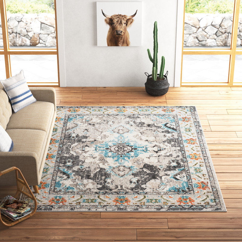 Almyra Oriental Gray/Light Blue Area Rug, Rectangle 9' x 12'
