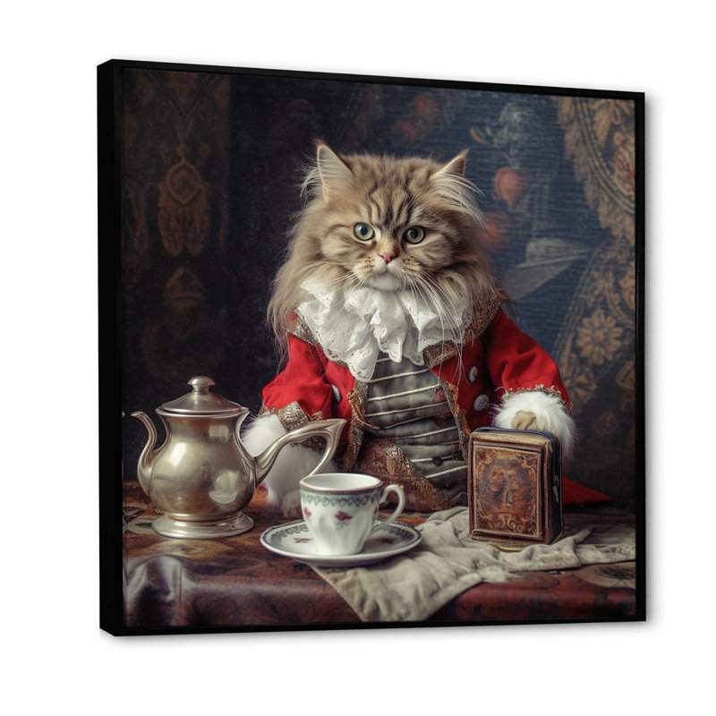 Chat blanc sibérien en costume élégant sur toile, H 36 po x l 36 po, Cadre flottant noir
