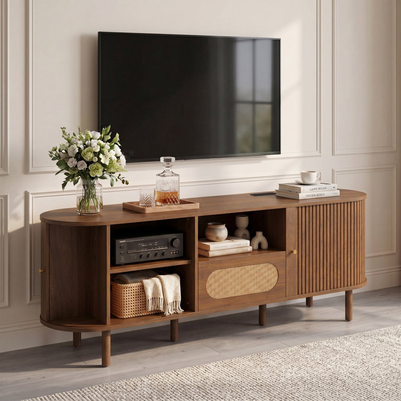 Console de télévision avec tablettes réglables et porte coulissante, Noyer, H 22,4 po x L 63 po x l 22,4 po