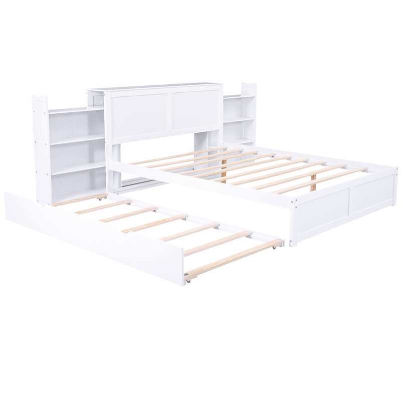 Grand lit avec tablettes coulissantes et lit gigogne simple TG, blanc - bois massif, construction de lit gigogne polyvalent, confortable