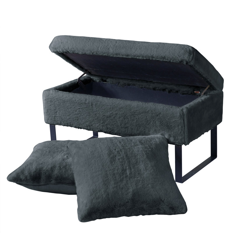 Lovitto Upholstered Ottoman, Charcoal Faux Fur