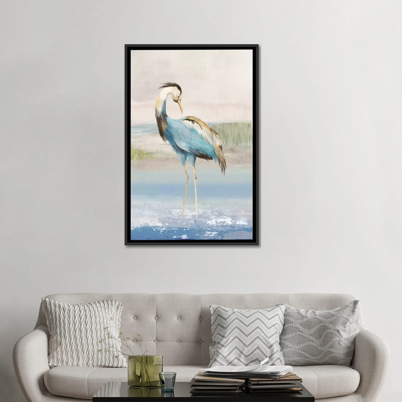 «Heron on The Beach I», reproduction sur toile, H 26 po x l 18 po x P 1,5 po, Toile avec cadre noir, Pas de tapis