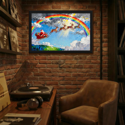 Noël, père Noël, traîneau, rennes, arc-en-ciel, ciel, nuages, paysage