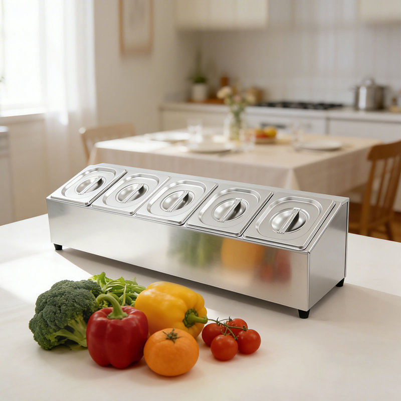 Support à condiments en acier inoxydable à 5 plateaux avec station de préparation de comptoir 33,86 po avec couvercle pour buffet de cuisine