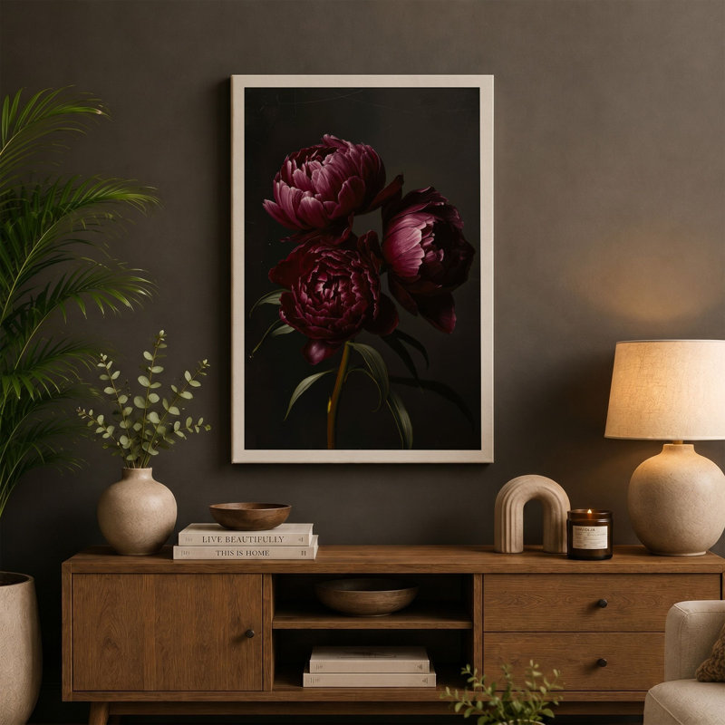 Burgundy Peonies Botanical - Wrapped Canvas, 36x24 - 91.4 x 61.0 cm, White Border