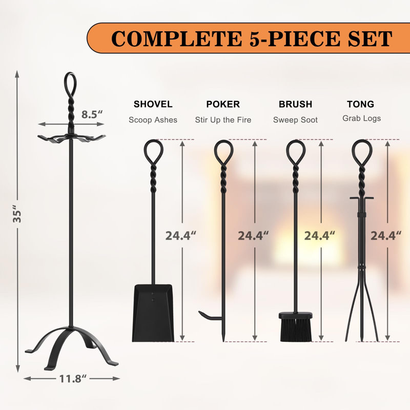 Ensemble d'outils de foyer hauts avec support, comprenant un tisonnier, des pinces, une pelle et une brosse pour cheminées intérieures, poêles à bois et foyers extérieurs, design à manche torsadé, 5 pièces, (noir)