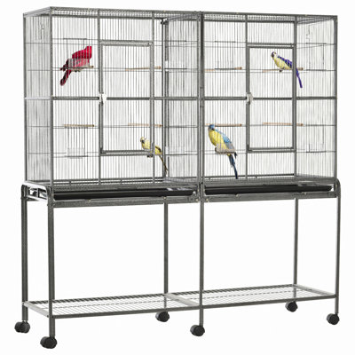 65" Double Rolling Metal Bird Cage From With Detachable Stand, Storage Shelf, Wood Perch, Food Container - Roomy For Well-being Cage: Perch & Spacious Enjoyment Time