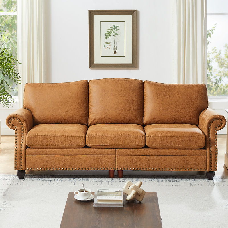 Canapé de 85 po de luxe, canapé confortable en simili cuir 3 places avec accoudoirs roulés et garniture cloutée, brun