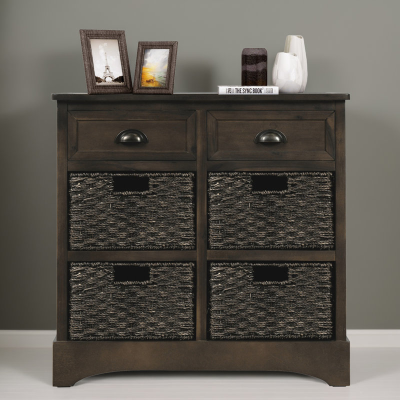 Bueno Wood  Storage Cabinet with Two Drawers and Four Classic Rattan Basket, Light Gray