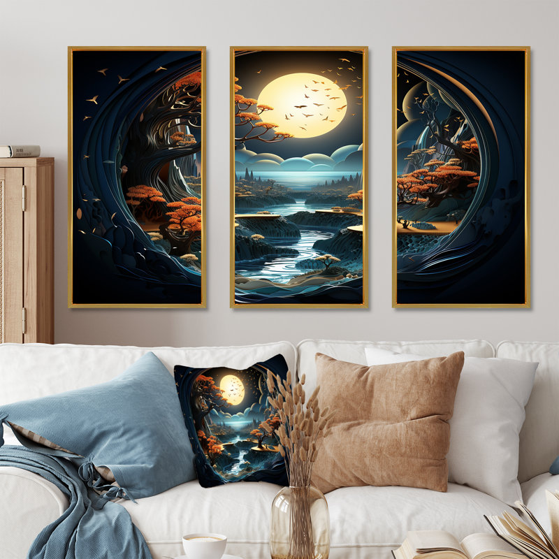 «Dreamy Moonlit Jungle II», art mural abstrait, Cadre flottant doré, H 32 po x l 48 po x P 1 po