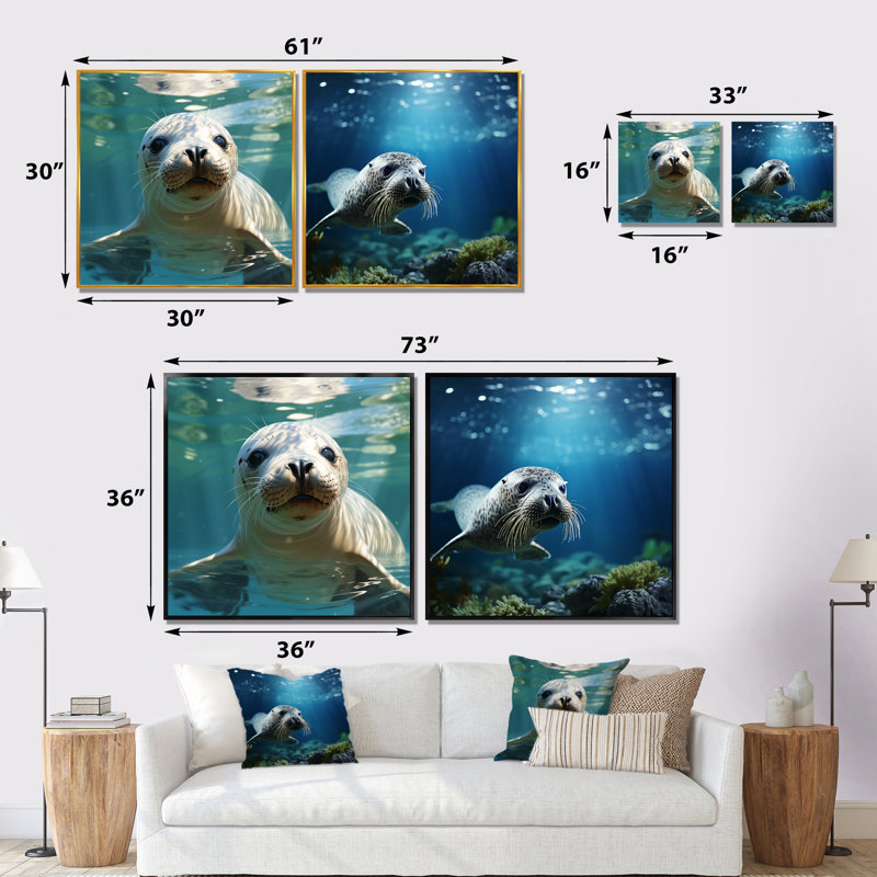 «Marine Whispers Sea Lions At Play I», ensemble d'art mural sur toile  / otarie, Cadre flottant brun