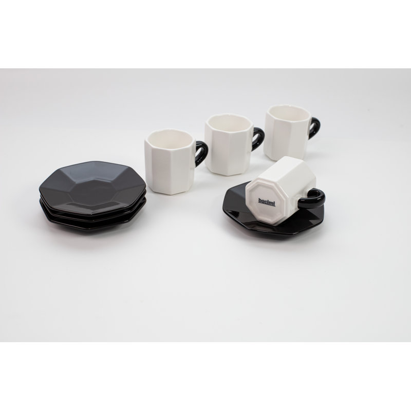 Bacimi White and Black Ceramic Espresso Cups with Saucers, 2.7oz