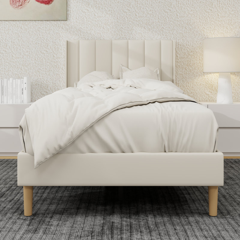 Upholstered Platform Bed Frame, Beige, Twin