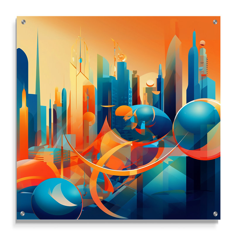 Blue And Orange Retro Radiance I - City Art Deco Acrylic Wall Art For Living Room, 16" H x 16" W