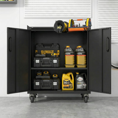 Heavy-Duty Metal Garage Storage Cabinet (With Wheels), Suitable For Garages And Offices, Black