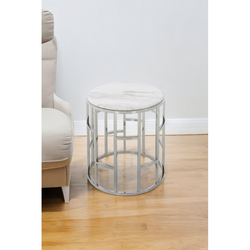 Élégante table de bout ou d'appoint géométrique ronde en marbre argent et blanc