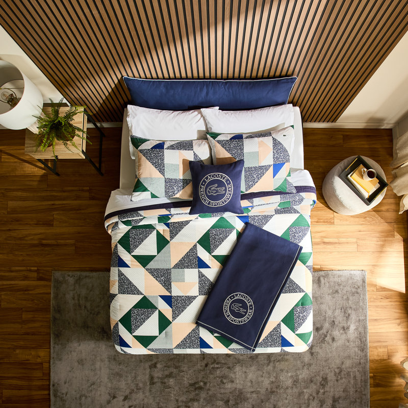 Lacoste Signature 100% Cotton Comforter Set, Soft Breathable All-Season with Embroidered Crocodile, Twin 2-Piece Multi-Color