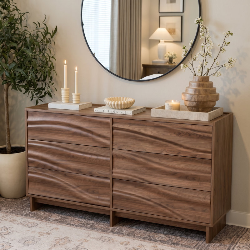 Buffet ondulé avec 6 tiroirs en grain ondulé noyer, 59 po de largeur