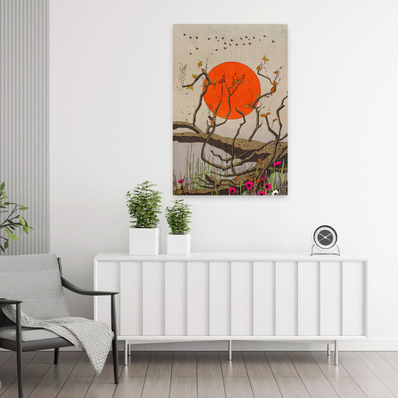 Contemporary Art Organic Peaceful Retro Bird Autumn Landscape Wall Art 1 Piece Wrapped Canvas Wall Art, 91.44cm H x 60.96cm W