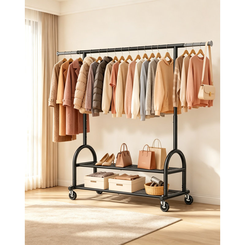 Heavy Duty Rolling Clothes Rail with 2 Shelves, Height Adjustable Metal Garment Rack with Wheels, 252 kg Load Capacity, Black