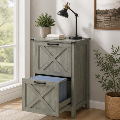 Classeur vertical à 2 tiroirs avec glissières silencieuses, porte de grange, rangement pour dossiers de format A4 / lettre, support d'imprimante de rangement pour bureau personnel, noir vieilli