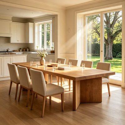 Modern Farmhouse Solid Wood Rectangular Dining Table, 6-8 Seater for Open Kitchen & Dining Room