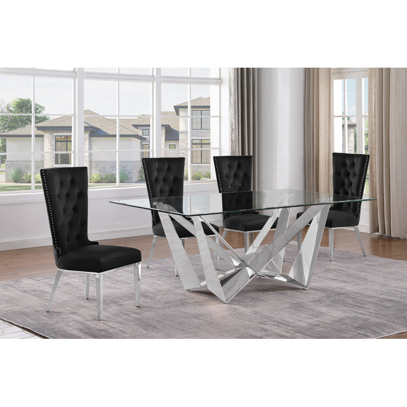 Lebanon Glass Top Trestle Dining Set, Black/Silver, 5