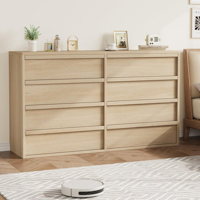 Commode 8 tiroirs en chêne naturel, grande commode en bois pour chambre à coucher, vestibule et chambre de bébé, rangement moderne avec dispositif anti-basculement, naturel