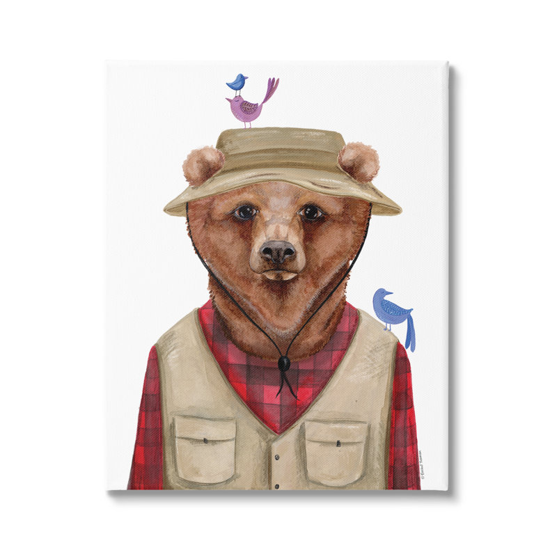 Tartan rouge, matériel de camping, petits oiseaux, par Rachel Nieman, L 30 po x H 40 po, Toile tendue