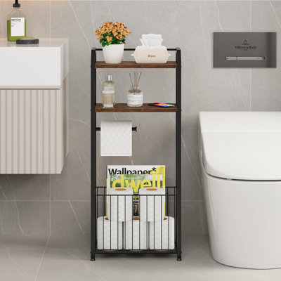 Porte-papier hygiénique sur 4 niveaux avec tablette en bois et grand panier de rangement