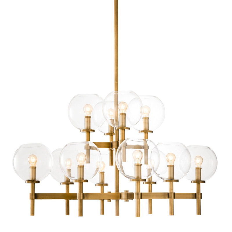 Lustre en jade avec lumière à intensité variable, Or antique, Transparent, H 34 po x l 60 po x P 60 po