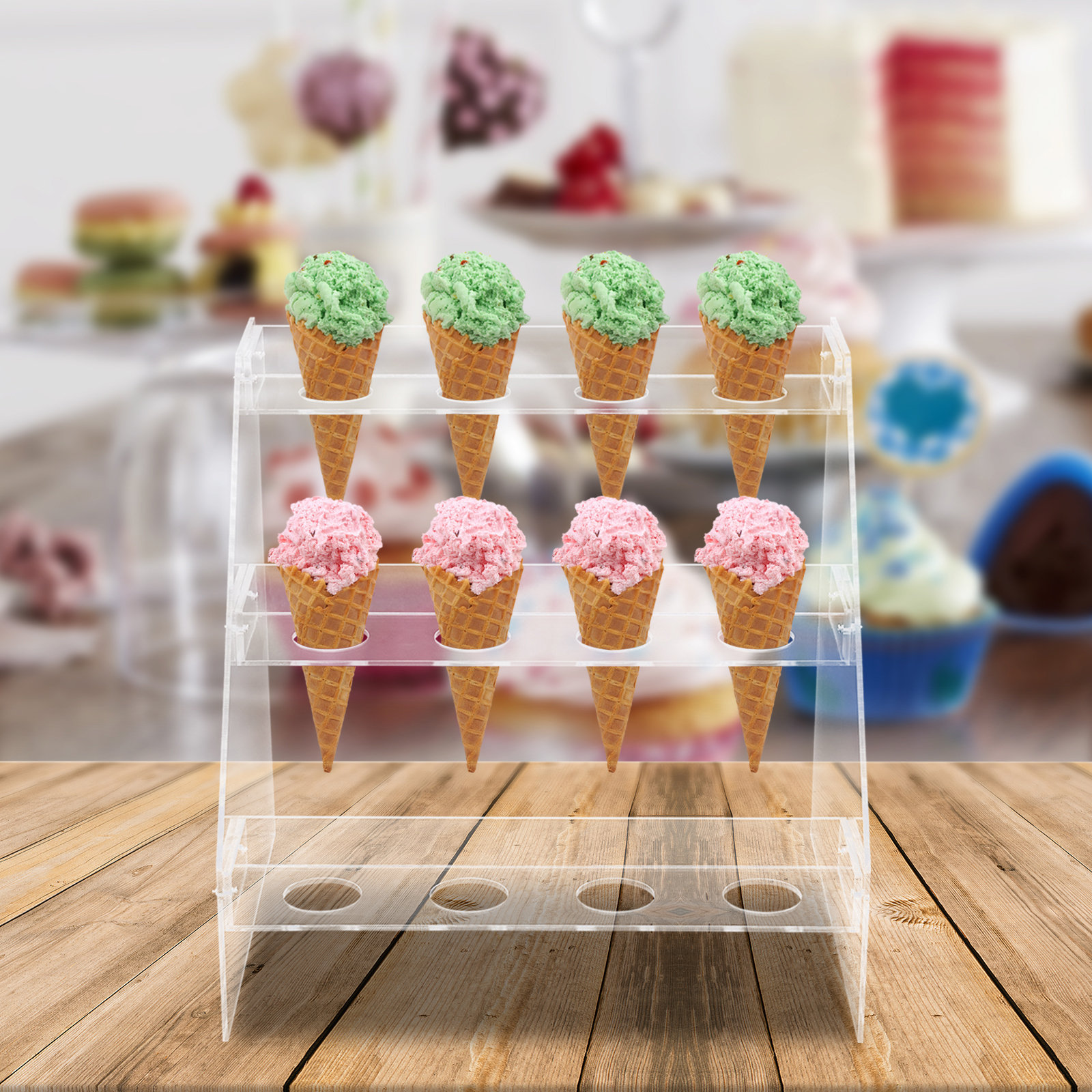16 Mini Ice Cream Cone Holder Party Favor Display Stand - Clear