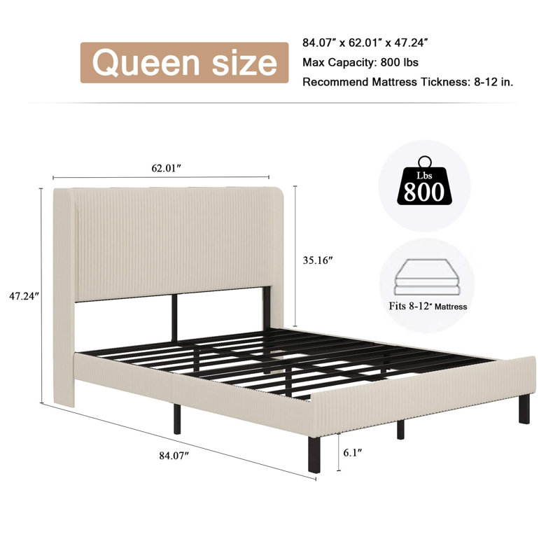 Queen Size Metal Bed Frame  With LED Light & Charging Station & 2-Tier Headboard, No Box Spring Needed, Queen