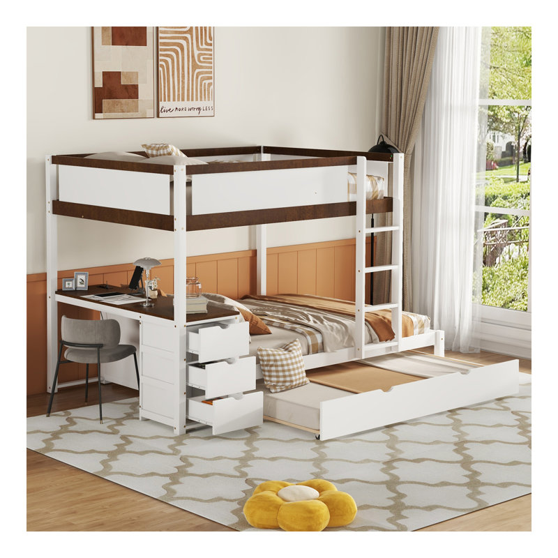 Lit superposé double avec lit gigogne simple, rangement et bureau, blanc et noyer, Lit double
